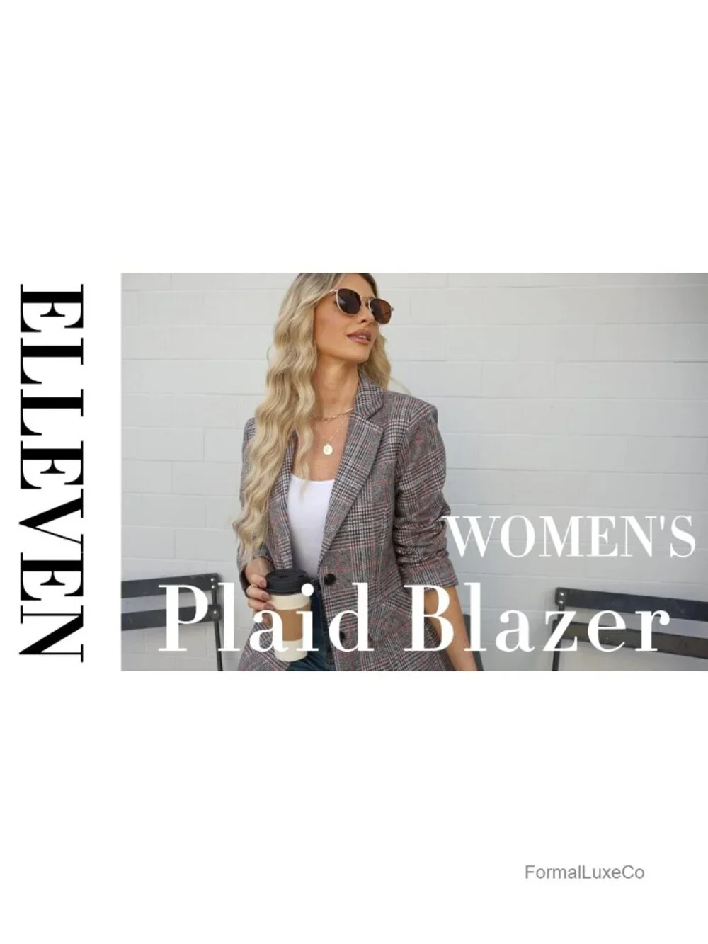 Classic Plaid Blazer with Notch Collar and Padded Shoulders